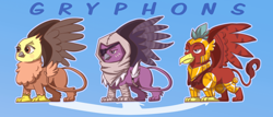 Size: 1000x429 | Tagged: safe, artist:missnook, imported from derpibooru, griffon, armor, beak, clothes, eyepatch, hood, quadrupedal, simple background, spread wings, tail, text, trio, wings