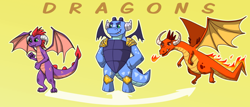 Size: 1000x429 | Tagged: safe, artist:missnook, imported from derpibooru, dragon, bipedal, fire, fire breath, simple background, text, trio, wings