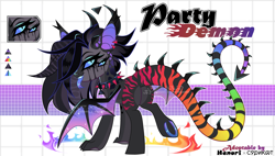 Size: 4709x2681 | Tagged: safe, artist:henori_artist, artist:syriskater, imported from derpibooru, oc, oc only, demon, demon pony, bat wings, choker, collaboration, eyelashes, female, hoof polish, makeup, mare, reference sheet, running makeup, smiling, spiked choker, tongue out, underhoof, wings