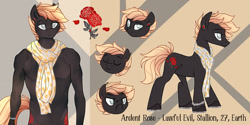 Size: 2493x1244 | Tagged: safe, artist:lupulrafinat, imported from derpibooru, oc, oc only, anthro, earth pony, pony, abstract background, anthro with ponies, bust, clothes, earth pony oc, flower, lidded eyes, male, rose, scarf, stallion