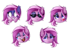 Size: 2000x1382 | Tagged: safe, artist:lupulrafinat, imported from derpibooru, oc, oc only, oc:wild dawn, hybrid, blowing a kiss, bust, crying, crying laughing emoji, duckface, ear tufts, emoji, facial expressions, female, head only, laughing, lidded eyes, makeup, mare, paws, shocked, simple background, sticker set, sunglasses, tears of laughter, transparent background, unamused, white eyes, ych example, your character here, 😎, 😒, 😘, 😱