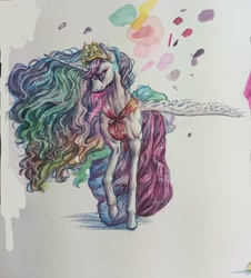 Size: 2710x3002 | Tagged: safe, artist:zzugguri, imported from derpibooru, princess celestia, alicorn, pony, clothes, dress, female, i really like her mane, solo, traditional art