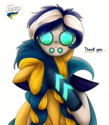 Size: 1783x2048 | Tagged: safe, artist:hajster, imported from derpibooru, oc, oc:ivislor, oc:ivislor odzi, oc:ukraine, pegasus, pony, robot, robot pony, cape, clothes, commissioner:iv's, cyrillic, female, hug, male, nation ponies, sad eyes, superhero, ukraine, ukrainian, wings