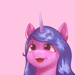 Size: 1600x1600 | Tagged: safe, artist:pascal571, imported from derpibooru, izzy moonbow, pony, unicorn, bust, cute, eyebrows, female, g5, izzybetes, mare, open mouth, open smile, pink background, simple background, smiling, solo