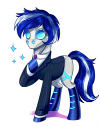 Size: 700x875 | Tagged: artist needed, safe, imported from derpibooru, oc, oc:ivislor, oc:ivislor odzi, pony, robot, robot pony, clothes, commissioner:iv's, male, suit, tuxedo