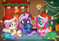 Size: 1200x830 | Tagged: safe, artist:jennieoo, imported from derpibooru, oc, oc:gentle star, oc:midnight twinkle, oc:star sparkle, bear, pegasus, pony, unicorn, ursa, ursa minor, chimney, christmas, christmas lights, christmas stocking, christmas tree, clothes, cute, female, filly, foal, food, hat, hearts warming day, holiday, ocbetes, plushie, potato, present, santa hat, show accurate, socks, strawberry, tree, vector