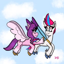 Size: 1440x1440 | Tagged: safe, artist:viviponylover, imported from derpibooru, pipp petals, zipp storm, pegasus, pony, adorapipp, adorazipp, cute, duo, female, flying, g5, mare, royal sisters (g5), siblings, sisters