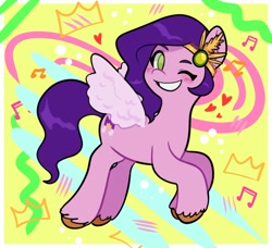 Size: 1820x1663 | Tagged: safe, artist:bunnyuelos, imported from derpibooru, pipp petals, pegasus, pony, abstract background, g5, one eye closed, smiling, solo, wink