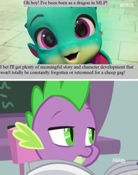 Size: 1052x1336 | Tagged: safe, edit, imported from derpibooru, screencap, spike, dragon, a rockhoof and a hard place, spoiler:g5, spoiler:my little pony: make your mark, :3, baby, baby dragon, chalkboard, g5, male, misspelling, mouthpiece, my little pony: make your mark, my little pony: make your mark chapter 1, newspaper, op is a duck, op is on drugs, op is trying to start shit, op is trying to start shit so badly that it's kinda funny, open mouth, reaction image, solo, sparky sparkeroni, strawman, winged spike, wings