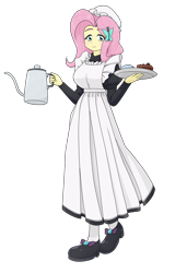 Size: 1422x2224 | Tagged: safe, alternate version, artist:batipin, imported from derpibooru, fluttershy, human, equestria girls, cake, clothes, female, fluttermaid, food, gradient background, maid, simple background, solo, transparent background