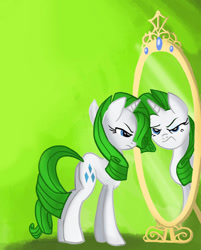 Size: 802x997 | Tagged: safe, artist:jowyb, edit, imported from derpibooru, rarity, pony, unicorn, alternate hair color, butt, cropped, female, frown, green hair, horn, mare, mirror, plot, rarity is not amused, reflection, solo, unamused