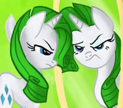 Size: 720x632 | Tagged: safe, artist:jowyb, edit, imported from derpibooru, rarity, pony, unicorn, alternate hair color, cropped, female, frown, green hair, horn, mare, mirror, rarity is not amused, reflection, unamused