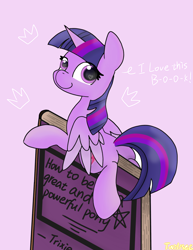 Size: 2198x2842 | Tagged: safe, artist:twiliset, imported from derpibooru, twilight sparkle, alicorn, pony, book, book title humor, butt, crown, cute, dialogue, featured image, female, great and powerful, heart eyes, high res, hug, implied trixie, looking at you, looking back, looking back at you, mare, pink background, plot, simple background, smiling, solo, tail, that pony sure does love books, tiny, tiny ponies, turned head, twiabetes, twibutt, twilight sparkle (alicorn), wingding eyes, wings