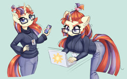 Size: 1608x1000 | Tagged: safe, artist:dstears, imported from derpibooru, moondancer, anthro, plantigrade anthro, unicorn, ass, breasts, busty moondancer, butt, cellphone, clothes, computer, ear fluff, female, glasses, gray background, id card, jeans, laptop computer, looking at you, pants, phone, simple background, smartphone, solo, sweater, turtleneck, working