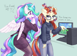 Size: 1400x1021 | Tagged: safe, artist:dstears, imported from derpibooru, moondancer, princess celestia, alicorn, anthro, plantigrade anthro, unicorn, ass, breasts, business suit, busty moondancer, butt, clothes, computer, duo, ear fluff, exasperated, female, glasses, gray background, id card, jeans, monitor, moondancer is not amused, nail polish, nails, office, open mouth, pants, pantyhose, simple background, skirt, sweater, tech support, turtleneck, unamused