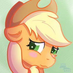 Size: 1000x1000 | Tagged: safe, artist:exobass, imported from derpibooru, applejack, earth pony, pony, applejack's hat, blushing, bust, cowboy hat, embarrassed, female, floppy ears, hat, looking away, solo