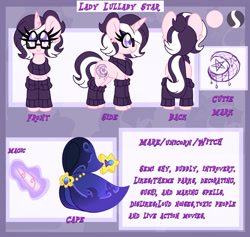 Size: 1920x1818 | Tagged: safe, artist:ladylullabystar, imported from derpibooru, oc, oc:lullaby star, pony, unicorn, alternate design, cloak, clothes, female, leg warmers, mare, reference sheet, solo