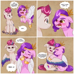 Size: 2048x2048 | Tagged: safe, artist:artharuhi, imported from derpibooru, pipp petals, zipp storm, pegasus, pony, adorapipp, adorazipp, comforting, comic, commission, commissioner:navelcolt, crying, cuddling, cute, dialogue, drama queen pipp, duo, duo female, emoticon, female, folded wings, g5, hug, mare, royal sisters (g5), sibling love, siblings, sisterly love, sisters, subscribers, thought bubble, winghug, wings