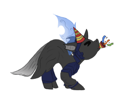 Size: 1280x1052 | Tagged: safe, artist:lil_vampirecj, imported from derpibooru, oc, oc only, oc:captain black lotus, changeling, pony, armor, cape, changeling armor, changeling oc, clothes, commission, eyes closed, hat, party hat, party horn, party popper, simple background, solo, spread wings, transparent background, wings, ych result, your character here