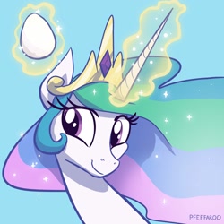 Size: 2048x2048 | Tagged: safe, artist:pfeffaroo, imported from derpibooru, princess celestia, alicorn, pony, adorable face, bust, crown, cute, cutelestia, egg, female, glowing, glowing horn, high res, horn, implied spike, jewelry, light blue background, magic, magic aura, mare, portrait, regalia, signature, simple background, smiling, solo, telekinesis