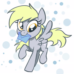 Size: 2048x2048 | Tagged: safe, artist:pfeffaroo, imported from derpibooru, derpy hooves, pegasus, pony, abstract background, female, full body, high res, hooves, letter, mare, mouth hold, raised hoof, raised leg, solo, spread wings, wings