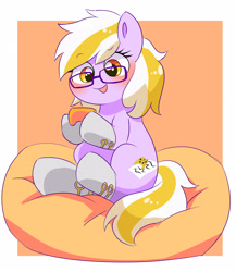 Size: 2943x3390 | Tagged: safe, artist:leo19969525, imported from derpibooru, oc, oc only, earth pony, pony, blushing, clothes, controller, cute, earth pony oc, eyebrows, eyebrows visible through hair, female, glasses, hair, high res, hoof hold, mare, ocbetes, open mouth, open smile, orange background, simple background, sitting, smiling, socks, solo, tail, two toned mane, two toned tail