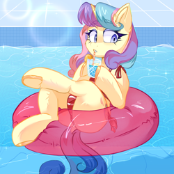 Size: 1000x1000 | Tagged: safe, artist:thieftea, imported from derpibooru, oc, oc only, pony, unicorn, clothes, crossed legs, drink, drinking straw, female, inner tube, mare, solo, swimming pool, swimsuit, underhoof, water