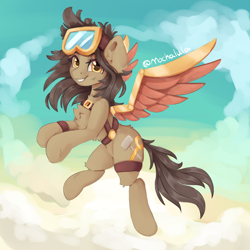 Size: 2000x2000 | Tagged: safe, artist:mochalula, imported from derpibooru, oc, oc only, earth pony, pony, artificial wings, augmented, earth pony oc, female, flying, goggles, looking at you, mare, solo, wings