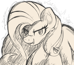 Size: 4000x3484 | Tagged: safe, alternate version, artist:czu, imported from derpibooru, fluttershy, pegasus, pony, bust, fangs, monochrome, open mouth, open smile, sketch, smiling, solo