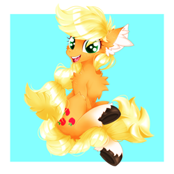 Size: 2500x2500 | Tagged: safe, artist:rurihal, imported from derpibooru, applejack, earth pony, pony, abstract background, chest fluff, cute, ear fluff, hoof fluff, jackabetes, leg fluff, open mouth