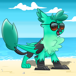 Size: 2500x2500 | Tagged: safe, artist:pizzamovies, imported from derpibooru, oc, oc:baja, griffon, beach, female, ocean, solo, sunglasses, water