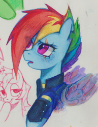 Size: 1812x2344 | Tagged: safe, artist:oops pio, imported from derpibooru, rainbow dash, pegasus, pony, the cutie re-mark, alternate timeline, apocalypse dash, colored, crystal war timeline, marker drawing, metal wing, open mouth, prosthetic limb, prosthetic wing, scar, solo, torn ear, traditional art, wings