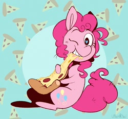 Size: 1701x1585 | Tagged: safe, artist:urbanqhoul, imported from derpibooru, pinkie pie, earth pony, pony, cute, diapinkes, eating, female, food, heart eyes, mare, meat, one eye closed, pepperoni, pepperoni pizza, pizza, ponies eating meat, solo, wingding eyes