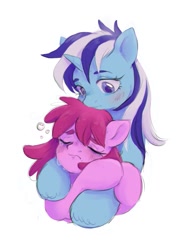 Size: 929x1200 | Tagged: safe, artist:kotletova97, imported from derpibooru, berry punch, berryshine, minuette, earth pony, pony, unicorn, berrygate, blushing, crying, drunk, drunk bubbles, female, go home you're drunk, hug, lesbian, mare, shipping, simple background, white background