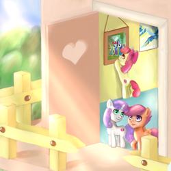 Size: 1000x1000 | Tagged: safe, artist:moment029, imported from derpibooru, apple bloom, applejack, rainbow dash, rarity, scootaloo, sweetie belle, earth pony, pegasus, pony, unicorn, butt, clubhouse, crusaders clubhouse, cutie mark crusaders, female, filly, foal, mare, photo, plot, wonderbolts