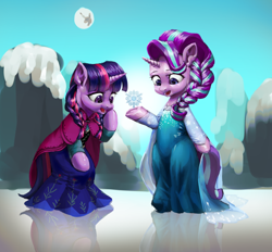 Size: 1926x1790 | Tagged: source needed, safe, artist:zzugguri, imported from derpibooru, nightmare moon, starlight glimmer, twilight sparkle, semi-anthro, unicorn, anna, bipedal, clothes, crossover, dress, elsa, frozen (movie), mare in the moon, moon, snow, snowflake