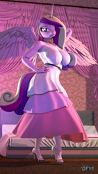 Size: 1080x1920 | Tagged: safe, artist:anthroponiessfm, imported from derpibooru, princess cadance, alicorn, anthro, 3d, bedroom, belt, big breasts, breasts, busty princess cadance, clothes, cute, cutedance, dress, feet, female, hand on hip, high heels, looking at you, open-toed shoes, shoes, smiling, smiling at you, solo, source filmmaker, spread wings, stupid sexy princess cadance, toes, wings