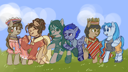 Size: 1920x1080 | Tagged: safe, artist:metaruscarlet, imported from derpibooru, oc, oc only, oc:ligaya, oc:malie pawwai/riptide, oc:maria reyes, oc:reyna (filipino), oc:shaiana morris/aqua marine, oc:silent shot, earth pony, original species, pegasus, pony, shark, shark pony, boots, choker, clothes, cloud, converse, crown, cute, dress, ear piercing, earring, eyebrow piercing, eyes closed, feather, female, field, filipino, grass, grin, headdress, hoodie, jacket, jewelry, looking at each other, looking at someone, mare, necklace, open mouth, philippines, piercing, ponified, ponified oc, raised hoof, regalia, shirt, shoes, shorts, skirt, sky, smiling, socks, sunglasses, superhero, tanktop, tattoo, tooth