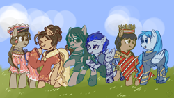 Size: 1920x1080 | Tagged: safe, alternate version, artist:metaruscarlet, imported from derpibooru, oc, oc only, oc:ligaya, oc:malie pawwai/riptide, oc:maria reyes, oc:reyna (filipino), oc:shaiana morris/aqua marine, oc:silent shot, earth pony, original species, pegasus, pony, shark, shark pony, armor, boots, choker, clothes, cloud, crown, cute, dress, ear piercing, earring, eyebrow piercing, eyes closed, feather, female, field, filipino, fins, grass, grin, headdress, jacket, jewelry, looking at each other, looking at someone, mare, necklace, open mouth, philippines, piercing, ponified, ponified oc, raised hoof, regalia, shirt, shoes, shorts, skirt, sky, smiling, sunglasses, superhero, tanktop, tattoo