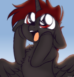 Size: 2004x2071 | Tagged: safe, artist:mariashek, imported from derpibooru, oc, oc:hardy, alicorn, pony, alicorn oc, chest fluff, floppy ears, happy, hooves on cheeks, horn, open mouth, open smile, shiny eyes, smiling, solo, wings