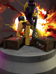 Size: 814x1080 | Tagged: safe, artist:sin75, imported from derpibooru, oc, oc only, unicorn, 3d, 3d model, bag, bullet, dynamite, explosion, explosives, gun, hooves, sculpted, smiling, solo, tnt, weapon