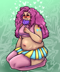 Size: 903x1089 | Tagged: safe, artist:bloom_beesz, imported from derpibooru, pinkie pie, human, abstract background, alternative cutie mark placement, bbw, belly, belly button, blushing, blushing profusely, chubby, clothes, cotton candy, cutie mark on human, eating, eyes closed, fat, female, humanized, kneeling, microskirt, midriff, miniskirt, muffin top, pudgy pie, red nosed, short shirt, shoulder cutie mark, skirt, smiling, socks, solo, stretchmarks, thigh highs, tumblr nose
