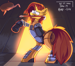 Size: 2500x2200 | Tagged: safe, artist:freak-side, imported from derpibooru, sunburst, pony, unicorn, crowbar, gordon freeman, half-life, headcrab, solo