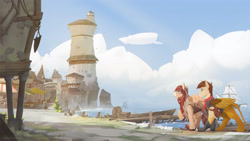 Size: 3556x2000 | Tagged: safe, artist:littlepolly, imported from derpibooru, oc, oc only, oc:ondrea, oc:swango, hippogriff, pegasus, pony, city, cloud, detailed background, lighthouse, pier, sailboat, scenery, shore, swandrea, water