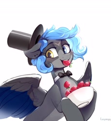 Size: 3749x4096 | Tagged: safe, artist:laymy, imported from derpibooru, oc, oc only, pegasus, pony, bowl, food, forehead mark, hat, heterochromia, mouth hold, simple background, solo, strawberry, white background