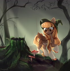 Size: 4044x4096 | Tagged: safe, artist:laymy, imported from derpibooru, oc, oc only, pegasus, pony, female, forest, mushroom, solo, tree stump