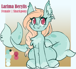 Size: 1668x1512 | Tagged: safe, artist:ruef, imported from derpibooru, oc, oc only, oc:larima berylis, original species, pony, shark, shark pony, colored pupils, cute, ear piercing, earring, female, gradient background, jewelry, mare, piercing, red eyes, solo