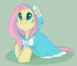 Size: 1051x902 | Tagged: safe, artist:melodylibris, imported from derpibooru, fluttershy, pegasus, pony, secret of my excess, bow, bowtie, cape, clothes, cute, daaaaaaaaaaaw, female, flower, green background, hnnng, hooded cape, looking up, lying down, mare, prone, shyabetes, simple background, smiling, sweet dreams fuel, taffeta cape, weapons-grade cute