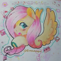 Size: 1080x1080 | Tagged: safe, artist:limonchungo, imported from derpibooru, fluttershy, pegasus, pony, blushing, bust, colored eyebrows, cute, glock, gun, hello kitty, horseshoes, looking at you, open mouth, pistol, sanrio, shyabetes, signature, solo, spread wings, traditional art, underhoof, weapon, wings