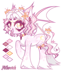 Size: 1280x1469 | Tagged: safe, artist:dillice, imported from derpibooru, oc, oc only, bat pony, pony, bat pony oc, bat wings, deviantart watermark, ear fluff, ear piercing, eyelashes, female, flower, flower in hair, hoof fluff, mare, obtrusive watermark, piercing, raised hoof, simple background, smiling, solo, watermark, white background, wings